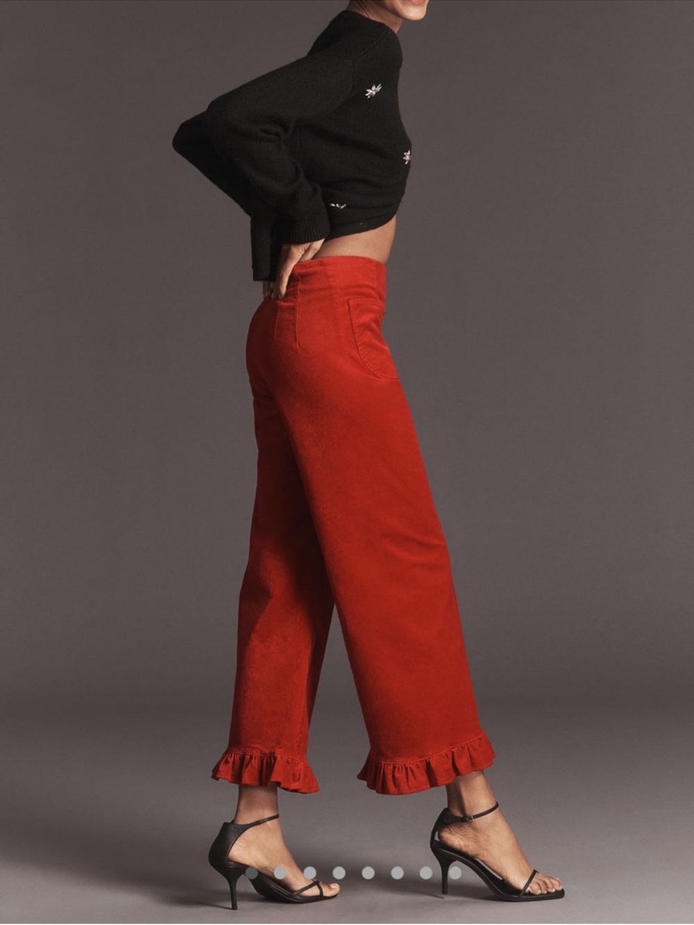 Anthropologie Maeve The Colette Crop Velvet Ruffle-Hem Pants in Red - Size 34